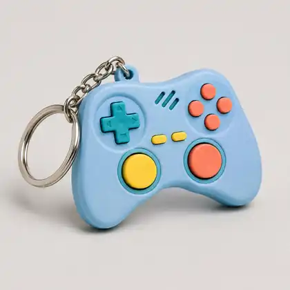 Chaveiro Clicker Controle 3D azul com botões coloridos